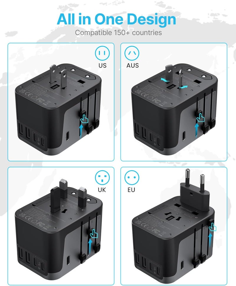 VINTAR محول سفر عالمي، محول طاقة دولي مع 6A 3 USB C و 2 USB، محول أساسي للسفر، محول مقبس عالمي لأوروبا المملكة المتحدة الولايات المتحدة أستراليا (نوع C/G/A/I) - Image 2
